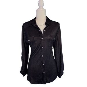 NY Collection Black Button Front Stretch Top Size M